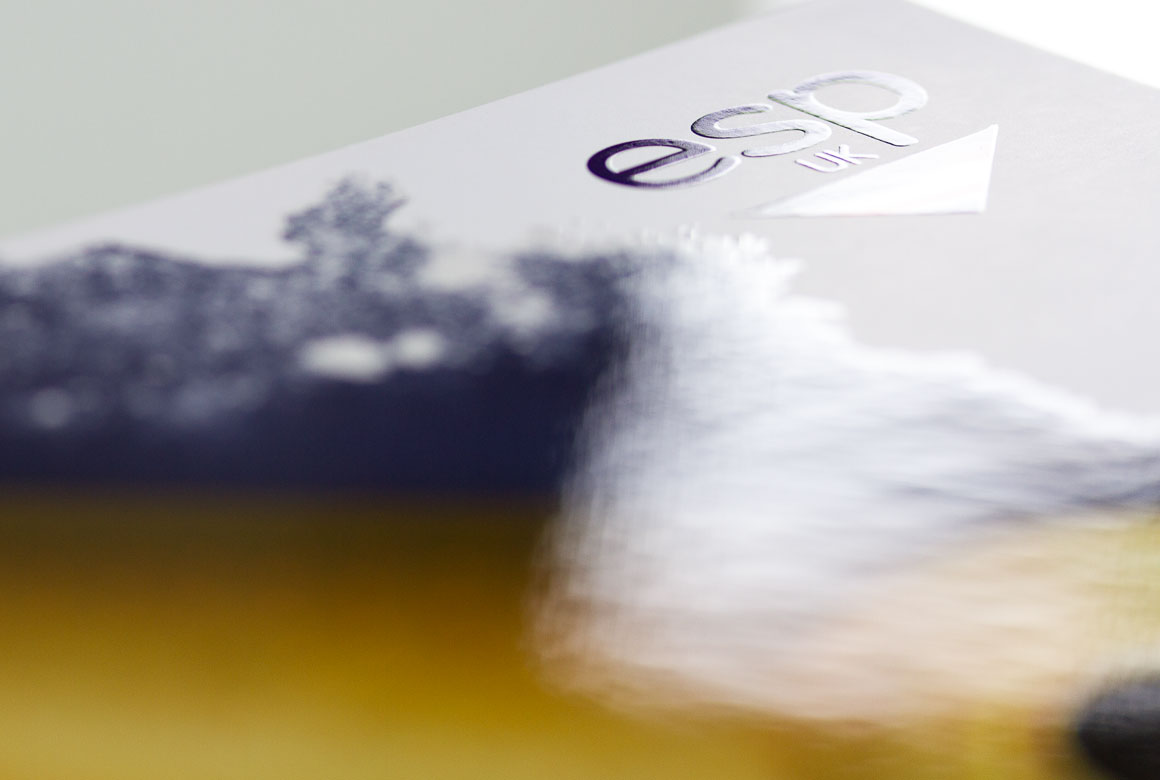 esp-early-brochure2 corner of brochure front cove showing logo with spot UV