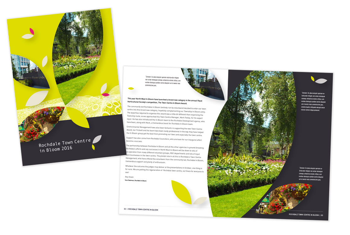 Rochdale-inbloom12 style setter cover and spread design for the in bloom brochure
