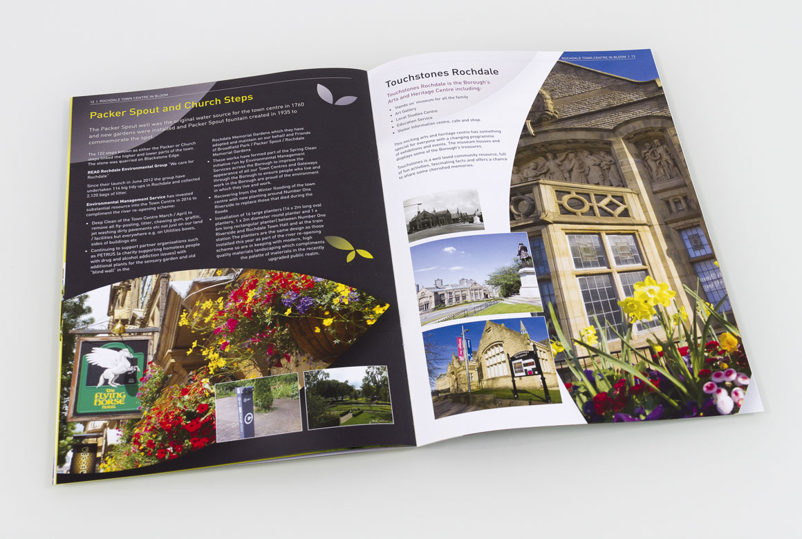 Brochure pages featuring flowers and gardens in Rochdale